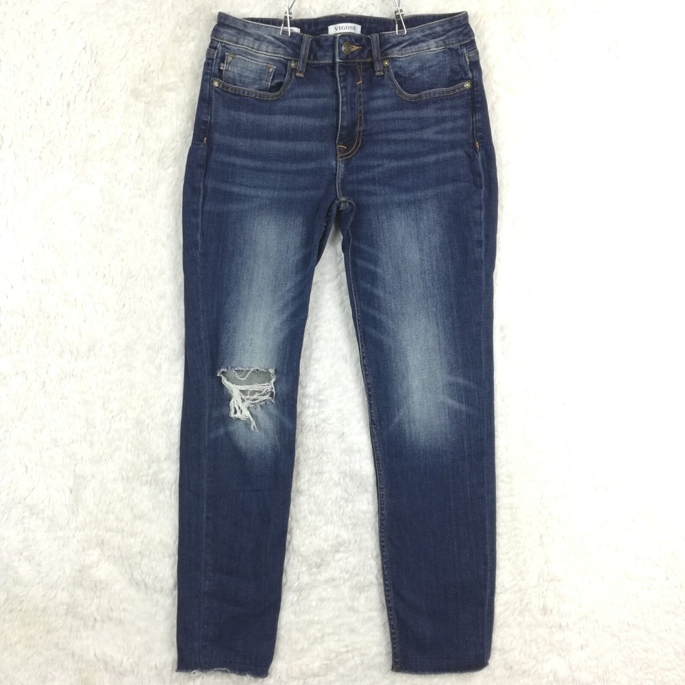Vigoss Womens Jeans Thompson Tomboy Blue Denim‎ Ripped Whiskering Raw Hem Mid 29